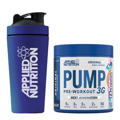 Applied Nutrition Pump 3G Pre Workout + 750ml Steel Protein Shaker - Energy, Focus & Performance (375g - 25 Servings) (Rainbow Unicorn)