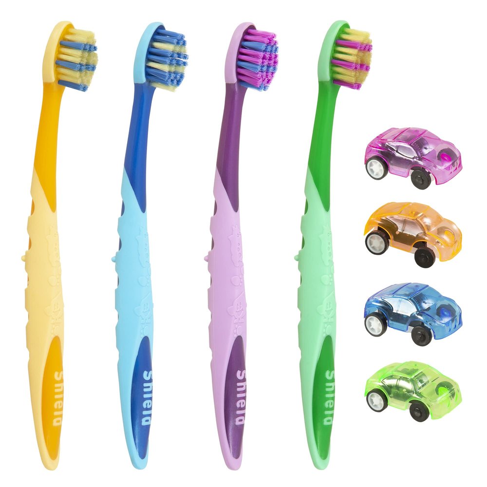 Shield Care Hippo Kids Toothbrush Super Soft Bristles with Versatile Grip & Fun Design, 4-Pack (Assorted Colours)
