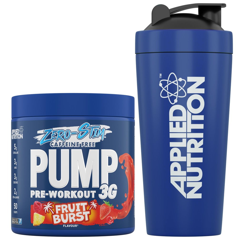 Applied Nutrition Pump Zero Pre Workout + 750ml Steel Protein Shaker - Zero Stim, Caffeine Free, Energy & Performance (375g - 25 Servings) (Fruit Burst)