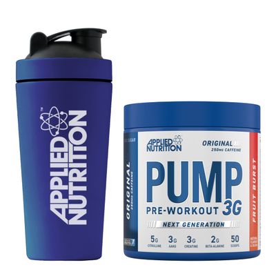 Applied Nutrition Pump 3G Pre Workout + 750ml Steel Protein Shaker - Energy, Focus & Performance (375g - 25 Servings) (Fruit Burst)