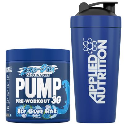Applied Nutrition Pump Zero Pre Workout + 750ml Steel Protein Shaker - Zero Stim, Caffeine Free, Energy & Performance (375g - 25 Servings) (ICY Blue Raz)