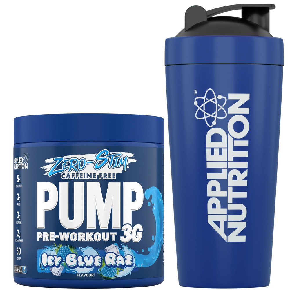 Applied Nutrition Pump Zero Pre Workout + 750ml Steel Protein Shaker - Zero Stim, Caffeine Free, Energy & Performance (375g - 25 Servings) (ICY Blue Raz)