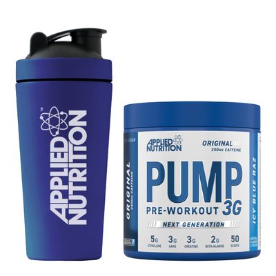 Applied Nutrition Pump 3G Pre Workout + 750ml Steel Protein Shaker - Energy, Focus & Performance (375g - 25 Servings) (ICY Blue Raz)