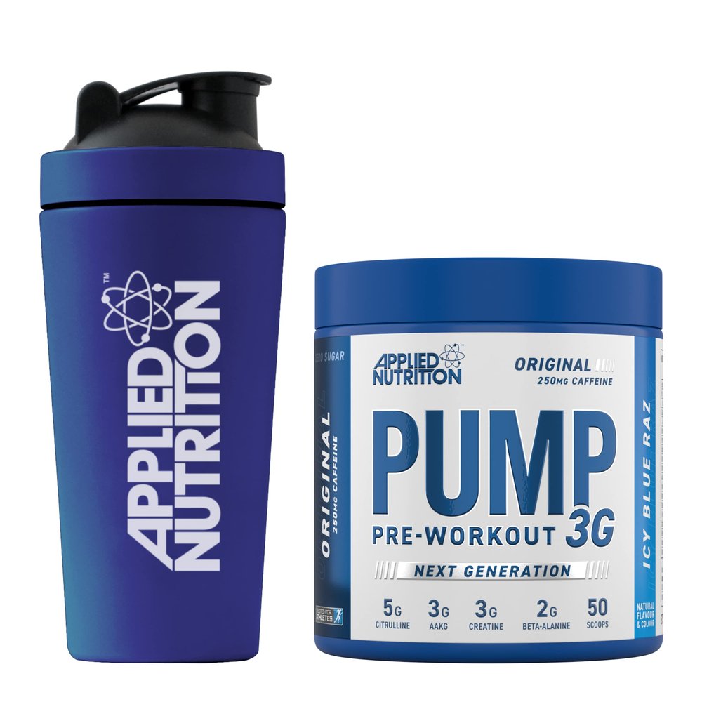 Applied Nutrition Pump 3G Pre Workout + 750ml Steel Protein Shaker - Energy, Focus & Performance (375g - 25 Servings) (ICY Blue Raz)