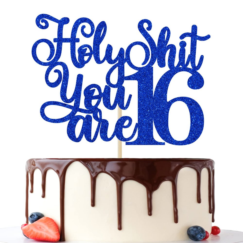 Happy 16th Birthday Cake Topper, Level 16, Sweet 16 Cake Topper, Funny 16th Birthday Decorations for Teens Blue Glitter