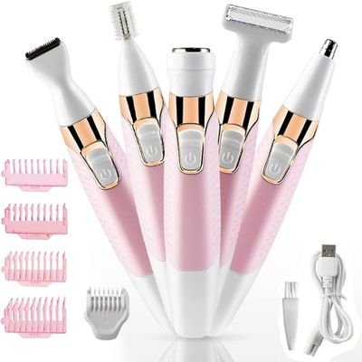 5-in-1 Women's Electric Hair Remover, Razor Eyebrow Shaver, Nose Hair Trimmer, Public Bikini Trimmer, Facial Body Leg Hair Removal, Wet and Dry use Women's Shaver with USB Charging