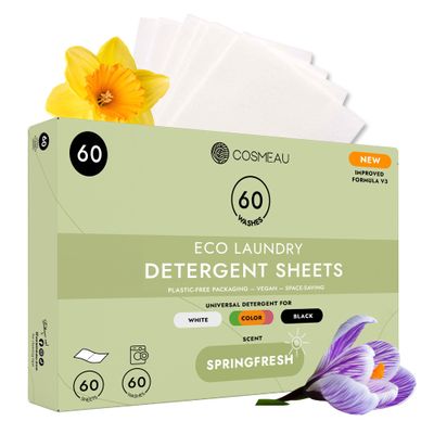 Cosmeau Travel Wash Laundry Sheets Spring Fresh- up to 60 Washes (60 Sheets) - Eco Laundry Detergent Sheets - for Whites, Colours & Blacks - Biodegradable - for Machine Wash & Hand Wash
