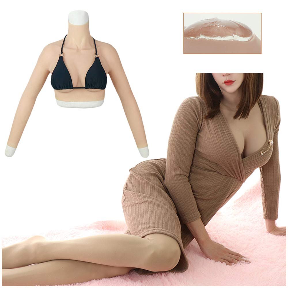 RAFCAR Artificial Fake Boobs - Silicone Breast Forms Half Body High Collar Fake Breasts - Prosthesis Silicone False Boobs with Arm - for Crossdressing Transvestite Cosplay Shemale