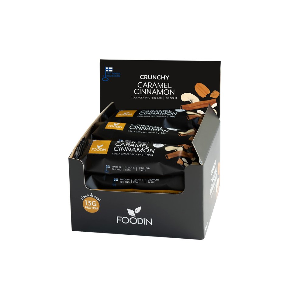 Foodin Cinnamon Caramel Collagen Bar 50g x 12 - High Protein, Collagen-Infused, Gluten-Free, Paleo-Friendly Snack Bar