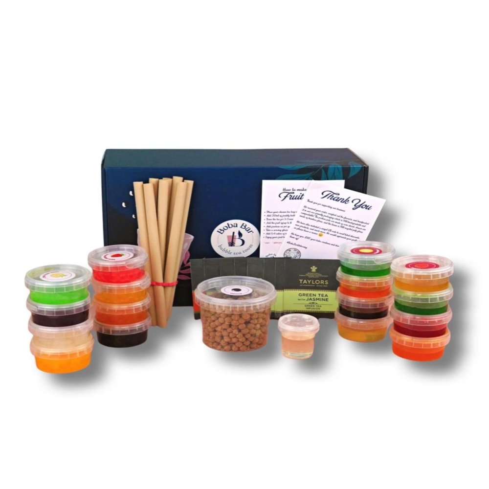 BOBA BAR Premium DIY Fruit Bubble Tea Kit (Serves 8 x 500 Ml Drinks) - Fruit Tea Flavours, Popping Boba & Jelly Toppings | Vegan & Gluten-Free | Tapioca Pearls & Tea Bags