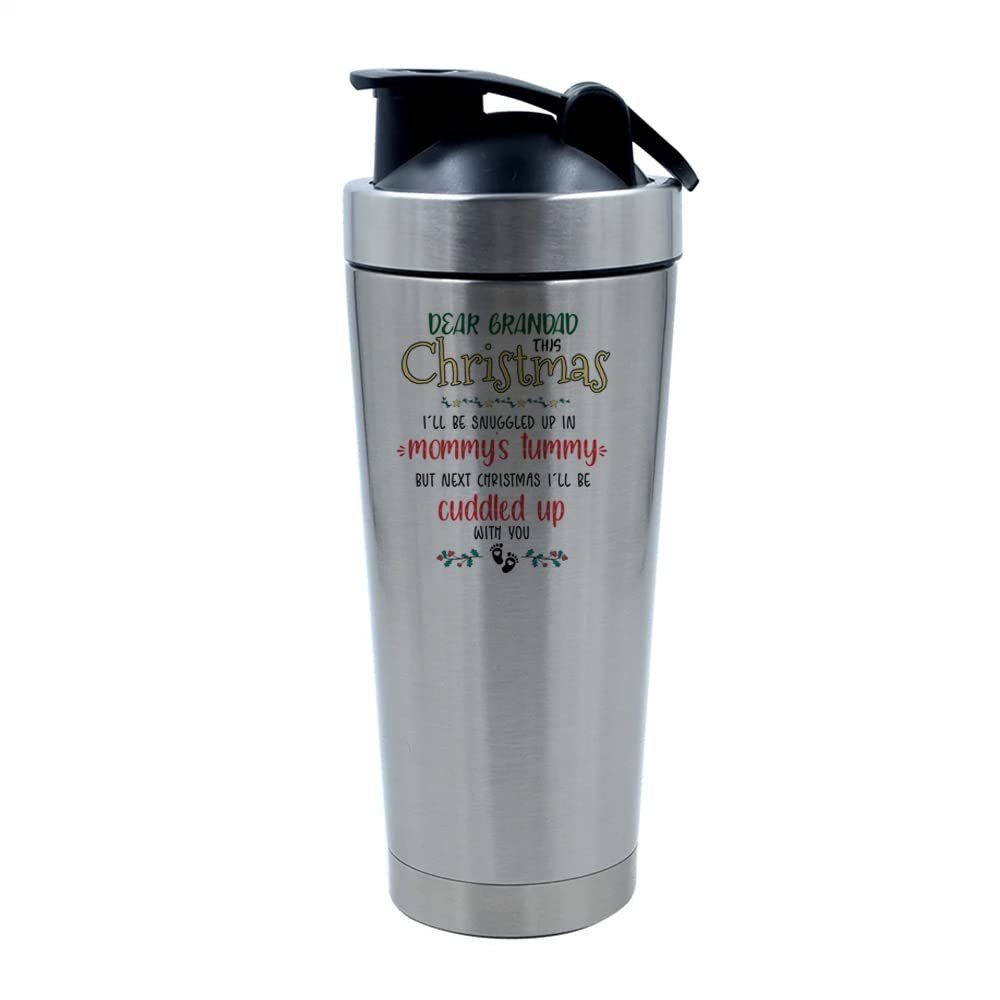 Getagift 500ml Aluminium Shaker Bottle for Supplement Shakes - Easy Clean, Durable Cup Dear Grandad This Christmas I'll Be Snuggled Up In Mommy's Tummy Xmas. (Silver)