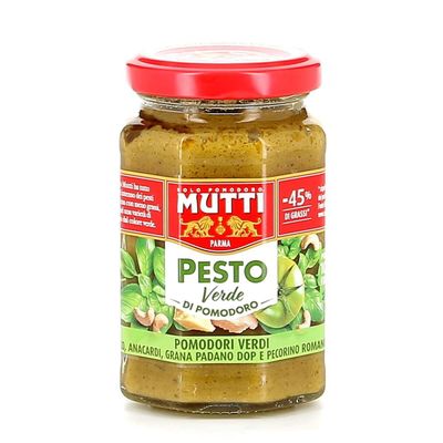 12 x Mutti Pesto Verde Pomodori Verdi Green Tomato Pesto Pasta Sauce 100% Italian Tomato Glass 180 g Seasoning Sauces with Cashew Nuts, Grana Padano and Pecorino Romano