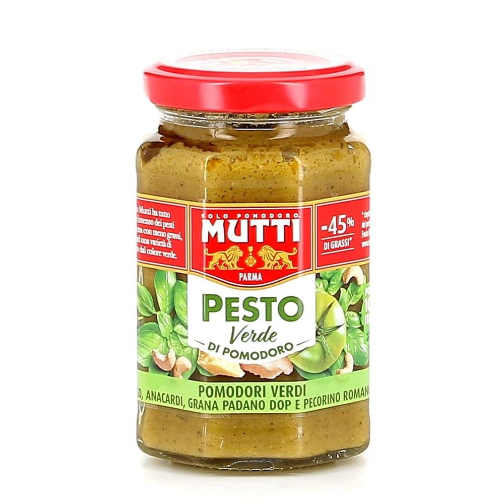 12 x Mutti Pesto Verde Pomodori Verdi Green Tomato Pesto Pasta Sauce 100% Italian Tomato Glass 180 g Seasoning Sauces with Cashew Nuts, Grana Padano and Pecorino Romano