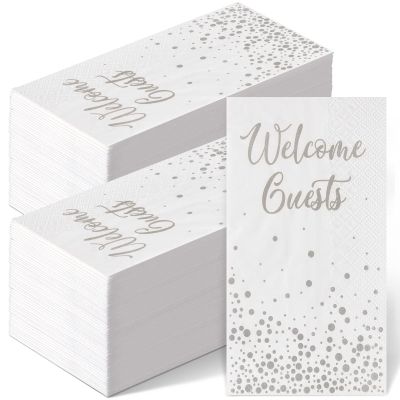 200 Pcs Welcome Guests Napkins Disposable Hand Towels for Bathroom Wedding Napkins Elegant Guests Towels for Powder Room Holiday Anniversary Birthday Party Baby Bridal Shower Decorative Towel (Silver)
