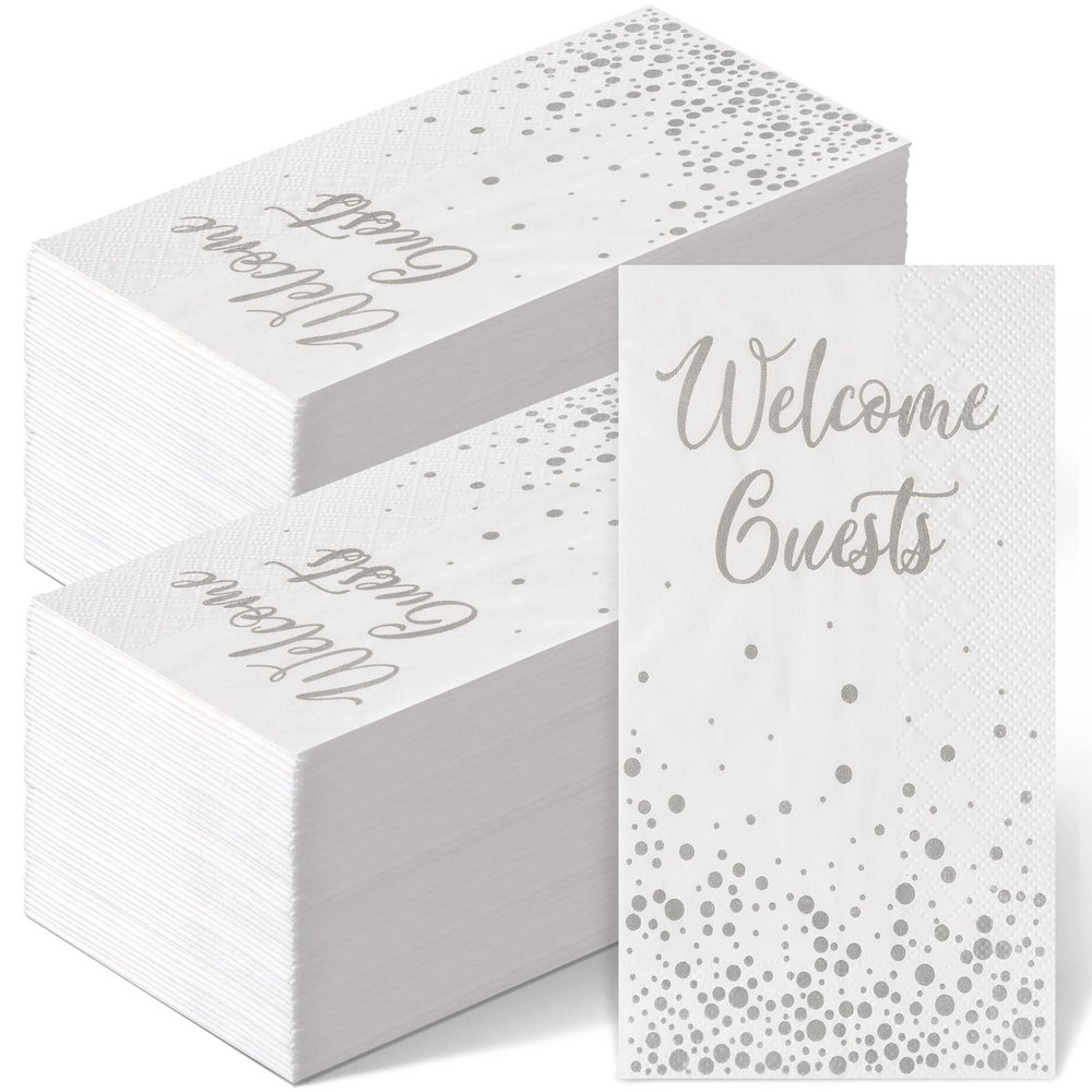 200 Pcs Welcome Guests Napkins Disposable Hand Towels for Bathroom Wedding Napkins Elegant Guests Towels for Powder Room Holiday Anniversary Birthday Party Baby Bridal Shower Decorative Towel (Silver)