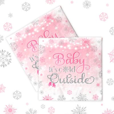 Baby Its Cold Outside Baby Shower Decorations-40Pcs Pink Baby Shower Napkins Winter Wonderland Snowflake Frozen Paper Napkins Baby Its Cold Outside Party Supplies for Girl (Pink)