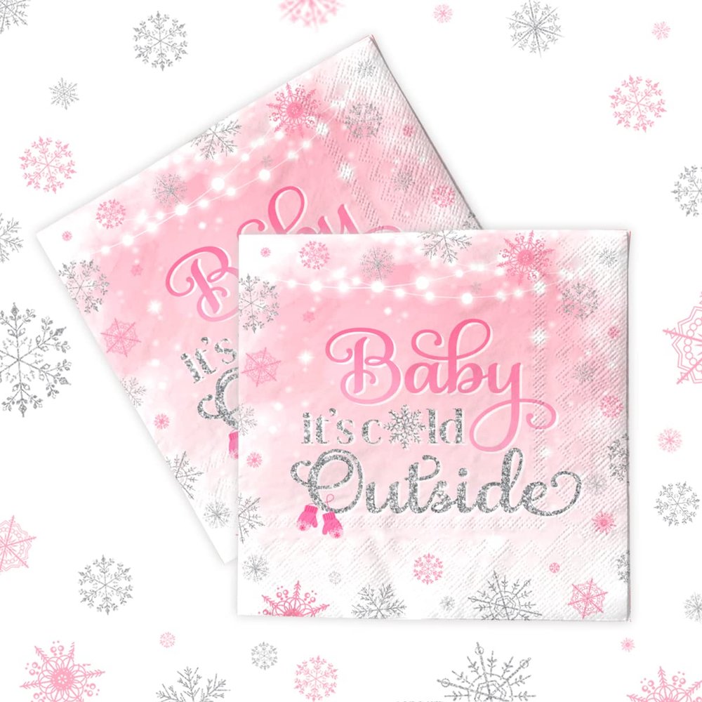 Baby Its Cold Outside Baby Shower Decorations-40Pcs Pink Baby Shower Napkins Winter Wonderland Snowflake Frozen Paper Napkins Baby Its Cold Outside Party Supplies for Girl (Pink)