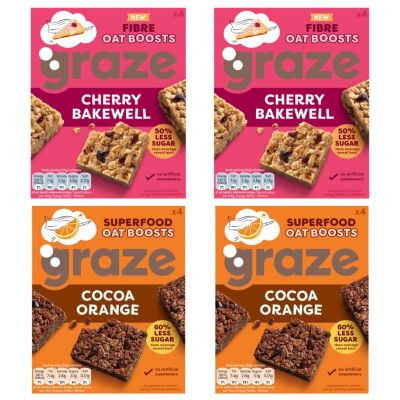 Graze Protein Oat Boost Bars - Cherry Bakewell and Cocoa Orange - Healthy Snacks, Whole Oats, Natural Flavours, High Fibre, Less Sugar (16 Snacks - 4 Packs of 4 x 30g) - with Tea Pouch