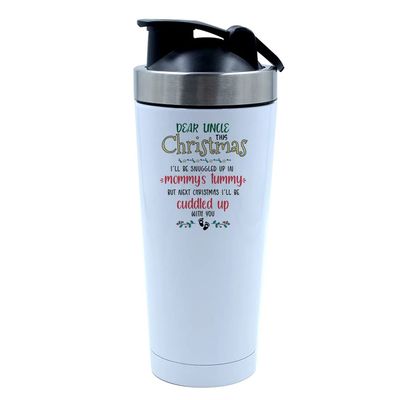 Getagift 500ml Aluminium Shaker Bottle for Supplement Shakes - Easy Clean, Durable Cup Dear Uncle This Christmas I'll Be Snuggled Up In Mommy's Tummy Xmas. (White)