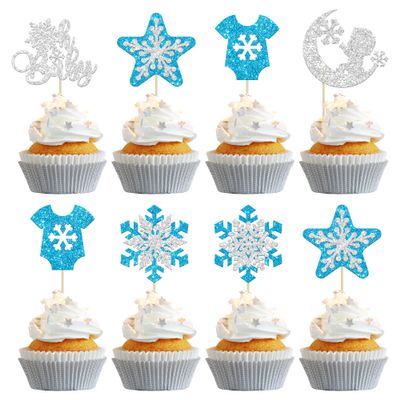 Gyufise 24Pcs Snowflake Oh Baby Cupcake Topper Blue Silver Glitter Winter Oh Baby Snowflake Cupcake Picks Baby Shower Kids Birthday Christmas Party Cake Decorations Supplies