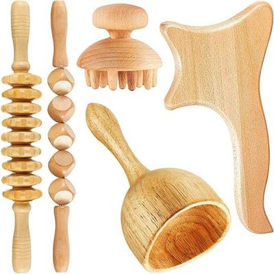 5 Pieces Maderoterapia Kit Wood Therapy Massage Tools Gua Sha Tool Lymphatic Drainage Massager Fascia Massage Roller for Full Body Muscle Pain Relief