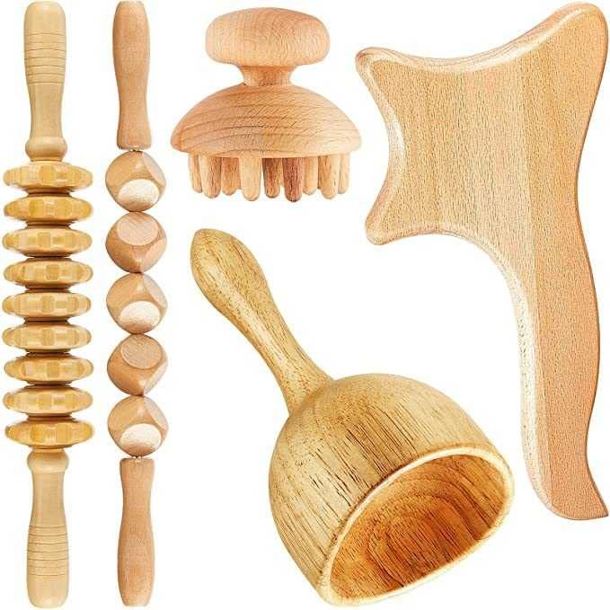 5 Pieces Maderoterapia Kit Wood Therapy Massage Tools Gua Sha Tool Lymphatic Drainage Massager Fascia Massage Roller for Full Body Muscle Pain Relief