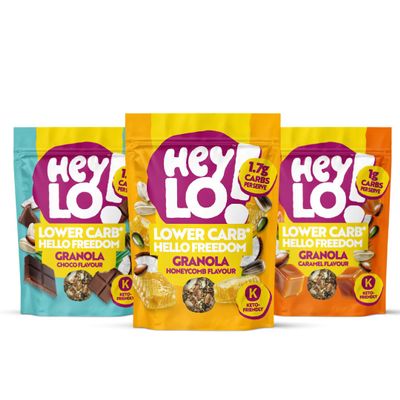 Heylo Keto Breakfast Crunch Granola - 3 x 360g Variety Pack - ONLY 1.7 Gram Carb per Serving - Low Carb Keto Cereal. 1 x Cocoa 1 x Honeycomb 1 x Caramel