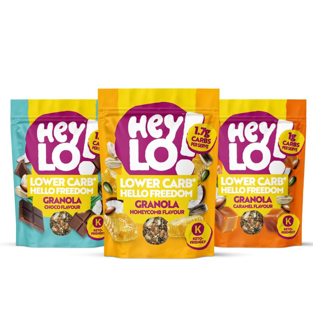 Heylo Keto Breakfast Crunch Granola - 3 x 360g Variety Pack - ONLY 1.7 Gram Carb per Serving - Low Carb Keto Cereal. 1 x Cocoa 1 x Honeycomb 1 x Caramel