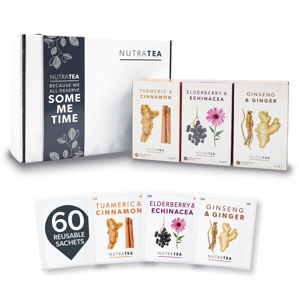 Nutra Tea - The Discovery Gift Box - Herbal Teas Perfect For Self Care & Mindfulness - Tea Gift Set For Birthdays, Get Well Soon, Thank You & Birthdays - Herbal Tea Gift Set - 60 Tea Bags | 3 Flavours