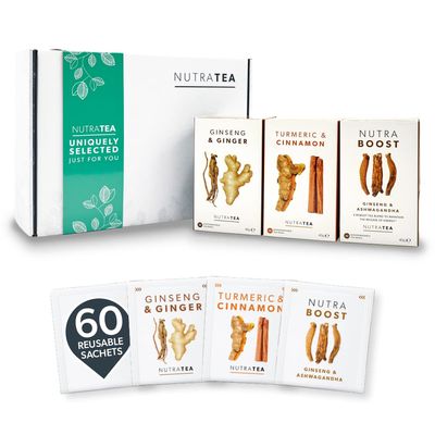 NutraTea - The Active Lifestyle Gift Box - Herbal Teas Perfect For A Busy Lifestyle - Tea Gift Box For Birthday, Get Well Soon & Easter - Herbal Tea Gift Set - 60 Tea Bags | 3 Flavours