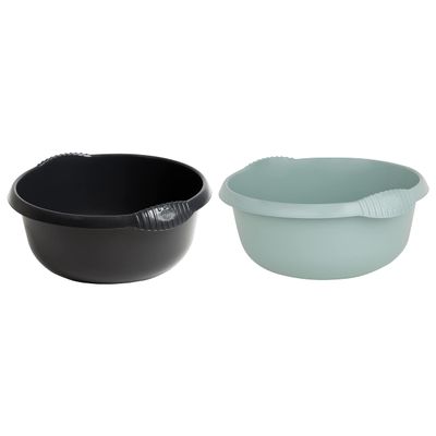 (Set of 2) Round 28 CM Multipurpose Plastic Washing Up Bowl Mixing Bowl 5L Washing Basin Bowl Sink Tidy Organiser Wash Tub Space Saving For Home Kitchen Outdoor Camping (Black + Silver Sage)