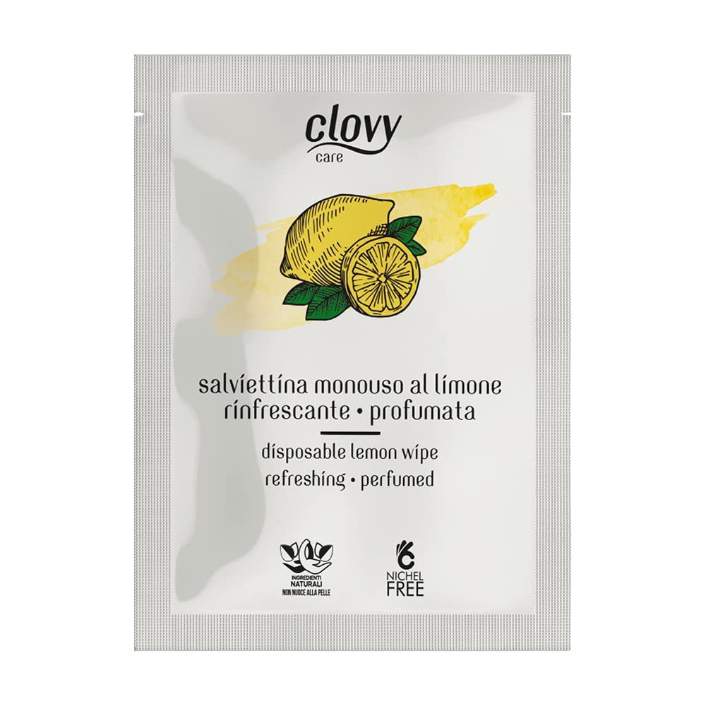 Clovy Care. 1000 Refreshing and scented disposable wipes with lemon soaked with solution based on natural ingredients nickel free.