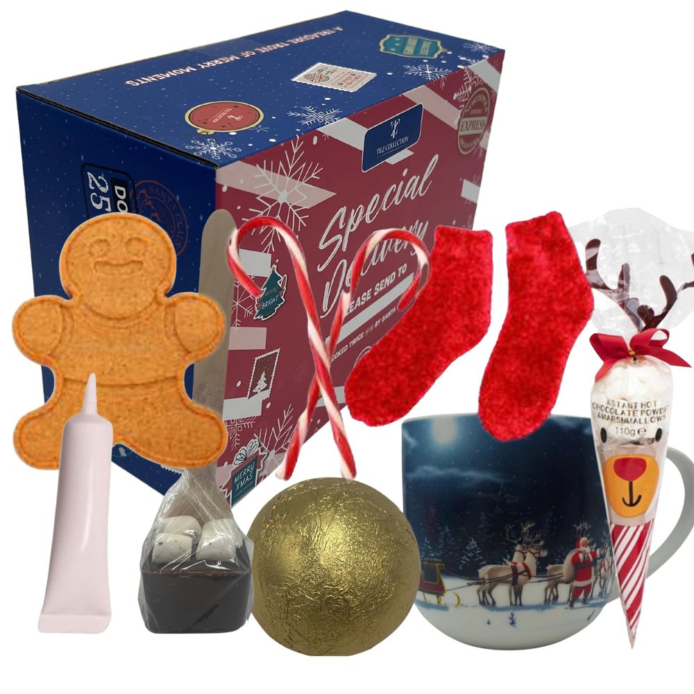Christmas Hot Chocolate Gift Set for Kids - Xmas Mug, Socks, Candy Canes, Hot Chocolate, Mini Mallows, Gingerbread Biscuits, Hot Choc Bomb, Hot Choc Spoon - Filled Christmas Eve Box Fillers Boys Girls
