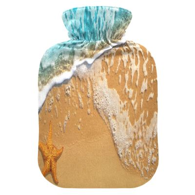 Mnsruu Ocean Wave Starfish Sand Beach Hot Water Bottle with Velvet Cover, 1L Transparent Hot Water Bag for Hand Pain Relief Hot Cold Therapy Cramps