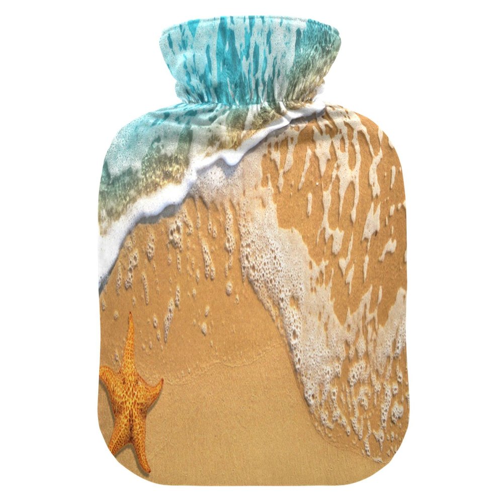 Mnsruu Ocean Wave Starfish Sand Beach Hot Water Bottle with Velvet Cover, 1L Transparent Hot Water Bag for Hand Pain Relief Hot Cold Therapy Cramps