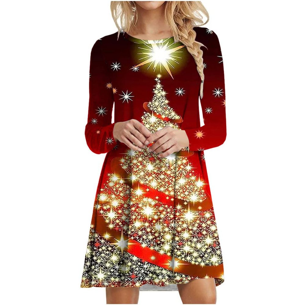TURWXGSO Women's Dresses UK Sale Christmas Dresses Clearance Xmas Tree Print Party Dresses Round Neck Long Sleeve Sweatshirt Dresses Casual Loose Jumper Dresses
