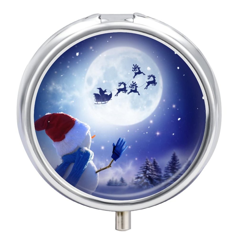 Pill Case Christmas Snowman Moon Galaxy Sky 2 Compartments Portable Pill Box Travel Pill Organizer