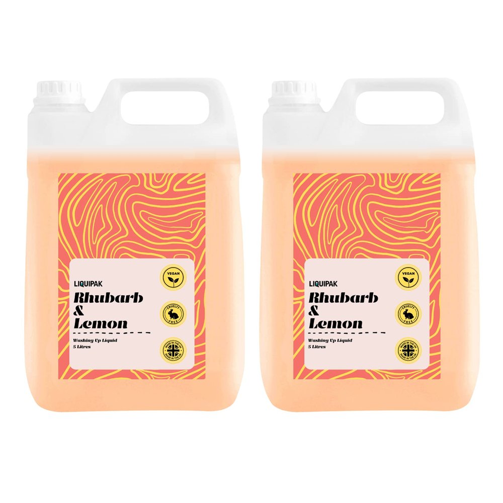Liquipak Vegan Washing Up Liquid 2x5L Refill - Rhubarb & Lemon | 100% Vegan & Cruelty-Free, Concentrated, Removes Tough Stains, Oil Marks and Baked-On Grease, UK-Made Product