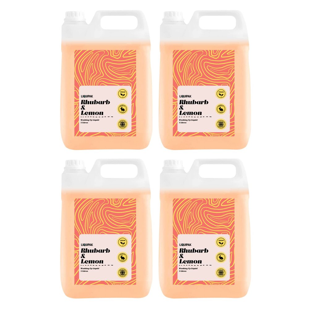 Liquipak Vegan Washing Up Liquid 4x5L Refill - Rhubarb & Lemon | 100% Vegan & Cruelty-Free, Concentrated, Removes Tough Stains, Oil Marks and Baked-On Grease, UK-Made Product 20L