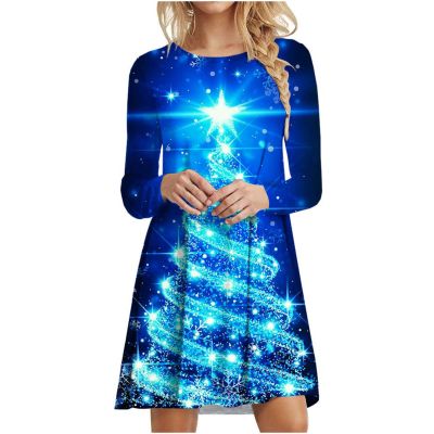 TURWXGSO Women's Dresses UK Sale Christmas Dresses Clearance Xmas Tree Print Party Dresses Round Neck Long Sleeve Sweatshirt Dresses Casual Loose Jumper Dresses
