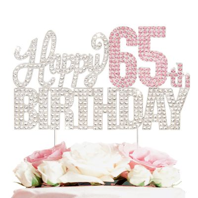 Nelbiirth Happy 65th Birthday Silver & Pink Rhinestone Cake Topper - Cheers to 65 Years Old 65th Bday Metal Sparkly Cake Centerpieces Topper Decorations Sign.