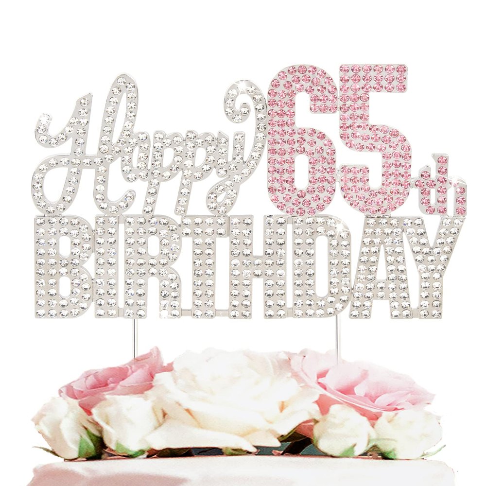 Nelbiirth Happy 65th Birthday Silver & Pink Rhinestone Cake Topper - Cheers to 65 Years Old 65th Bday Metal Sparkly Cake Centerpieces Topper Decorations Sign.