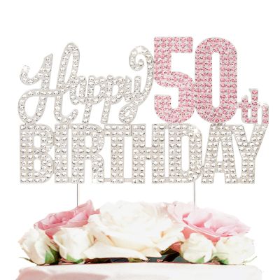 Nelbiirth Happy 50th Birthday Silver & Pink Rhinestone Cake Topper - Cheers to 50 Years Old Fifty Bday Metal Sparkly Cake Centerpieces Topper Decorations Sign.