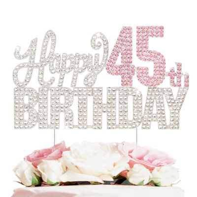 Nelbiirth Happy 45th Birthday Silver & Pink Rhinestone Cake Topper - Cheers to 45 Years Old 45th Bday Metal Sparkly Cake Centerpieces Topper Decorations Sign.