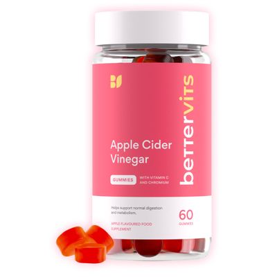 Bettervits Apple Cider Vinegar Gummies with Vitamin C & Chromium | Supports Energy, Metabolism & Digestive Health | Apple Cider Vinegar 1000 mg. - 60 Sugar Free ACV Gummies