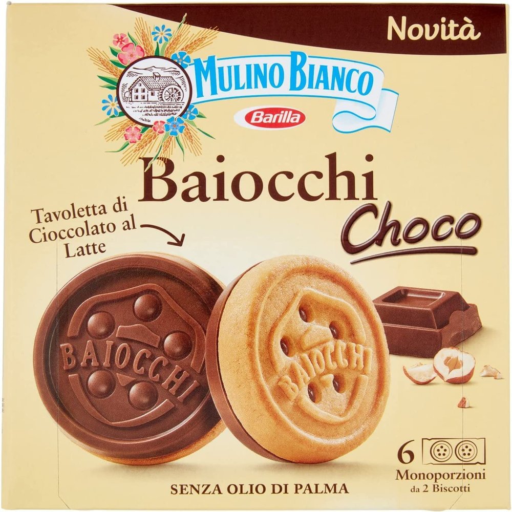 6 x Mulino Bianco Baiocchi Chocolate Biscuits, Biscuits and Milk Chocolate Bars with Hazelnuts, Excellent as a Snack 144 g