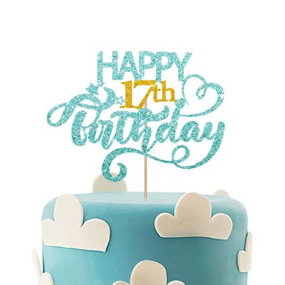 Sky Blue Glitter Happy 17th Birthday Cake Topper, Seventeen Years Old Birthday Party Cake Decor, Gold Number 17 Birthday Party Supplies Decorations for Teen Girl or Teen Boy