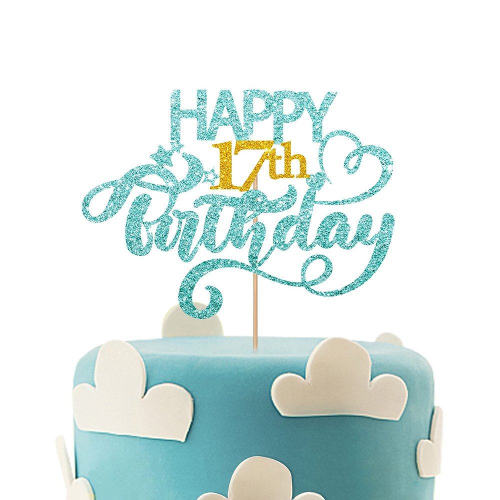 Sky Blue Glitter Happy 17th Birthday Cake Topper, Seventeen Years Old Birthday Party Cake Decor, Gold Number 17 Birthday Party Supplies Decorations for Teen Girl or Teen Boy
