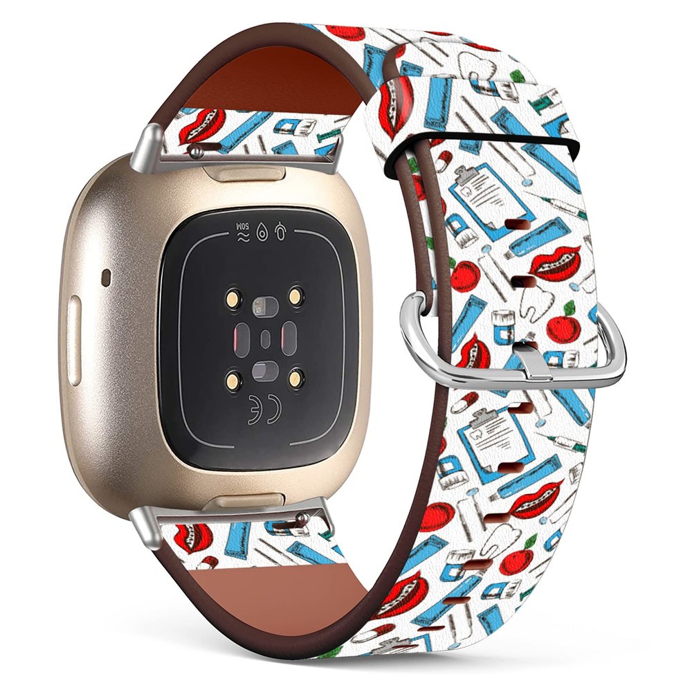 Mingdao Compatible with Fitbit Versa 4 / Versa 3 / Sense 2 / Sense Patterned Leather Replacement Band (Dental Care Dental Clinic Doodle-02)