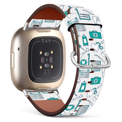 Mingdao Compatible with Fitbit Versa 4 / Versa 3 / Sense 2 / Sense Patterned Leather Replacement Band (Dental Care Dental Clinic Doodle-03)